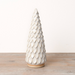 A small decorative ceramic Christmas tree with a textured, scale-like pattern in an off-white glaze, standing on a light wood surface against a plain white background.