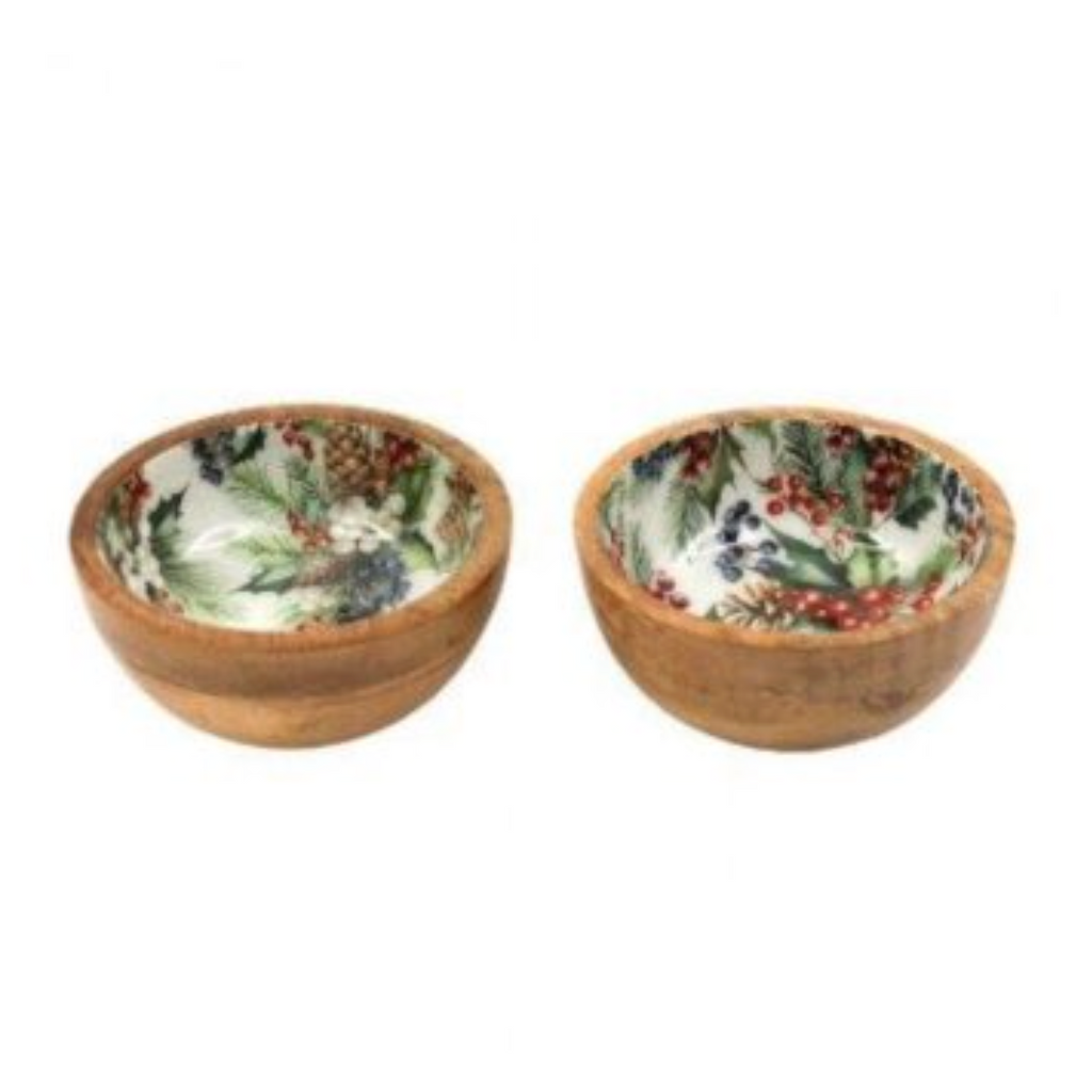 Two small wooden bowls with a colorful holly and berry pattern on the inside, shown on a plain white background.