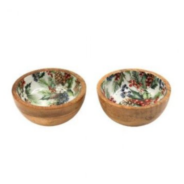 Two small wooden bowls with a colorful holly and berry pattern on the inside, shown on a plain white background.