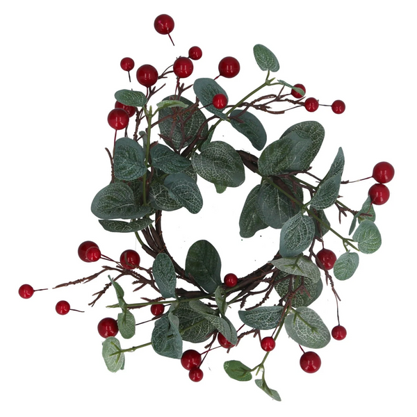 An artificial holiday wreath featuring round green leaves and glossy red berries on a plain white background.