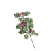 A single artificial holly branch with green leaves dusted with white faux snow and clusters of red berries, photographed on a plain light gray background.