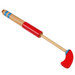 A wooden toy golf club with a natural wood shaft, a red handle grip, blue stripes near the top, and a red head with a blue collar, isolated on a white background.