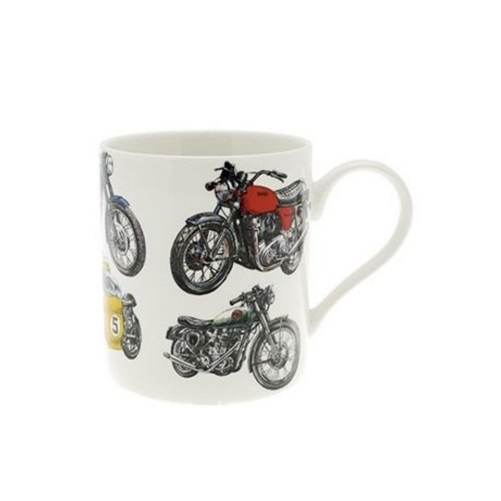 A white ceramic mug featuring illustrations of four vintage motorcycles in black, red, and gray, shown against a plain white background.