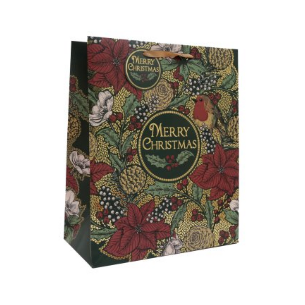 A festive Christmas gift bag with a detailed holiday pattern featuring red poinsettias, green holly, pinecones, and a rooster, accented with gold 'Merry Christmas' medallions.