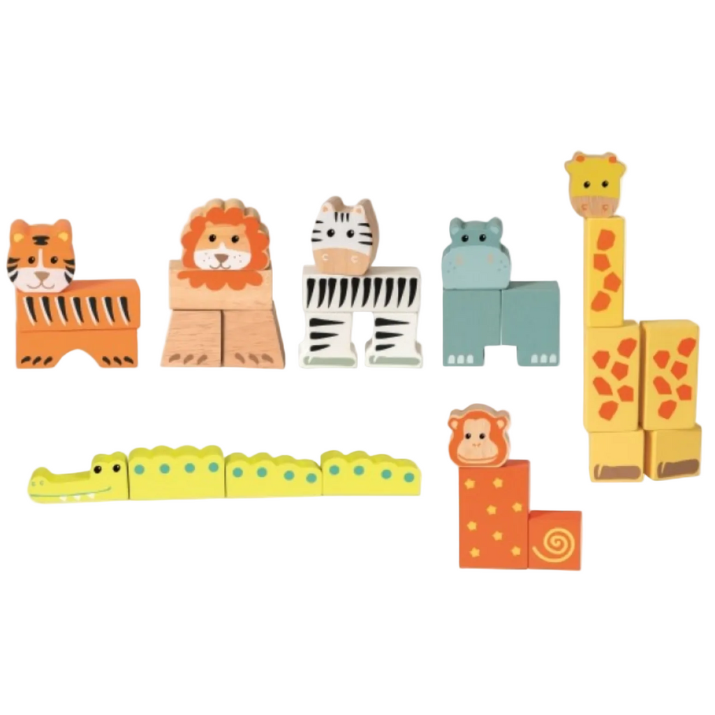 A set of colorful wooden animal blocks and animal-shaped pieces arranged on a plain white background, including a tiger, lion, zebra, hippo, giraffe, crocodile, monkey, and patterned pieces.