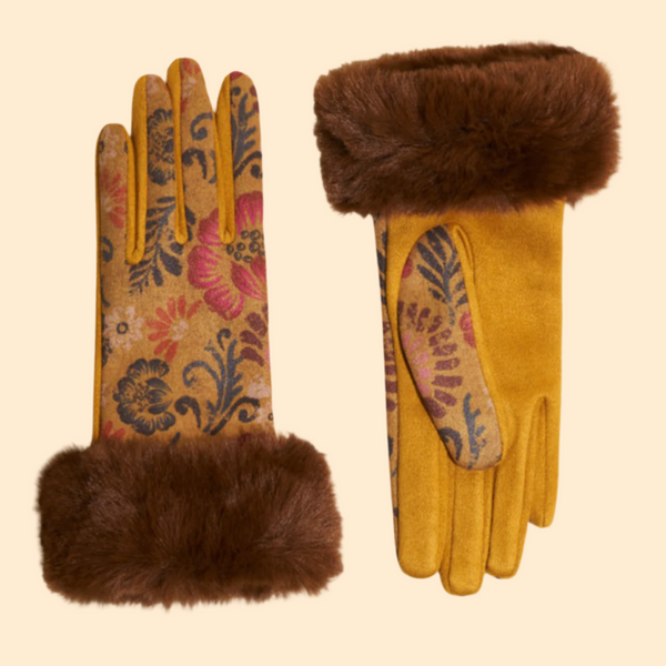 Powder Bernadette Faux Suede Gloves in Mustard Floral