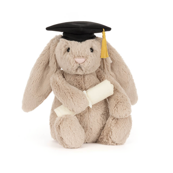 Graduation-themed plush bunny with a cap and scroll on a white background