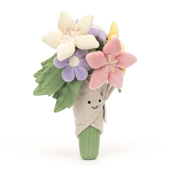 Plush toy shaped like a flower bouquet with a smiling face on a white background