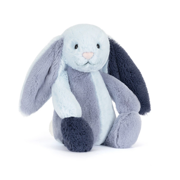 Plush toy rabbit with gray and white fur on a white background