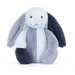 Plush toy rabbit with gray and white fur on a white background