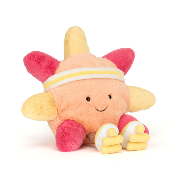 Plush toy with pink and yellow accents on a white background