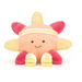 Plush toy with a sun-shaped body and pink accents on a white background