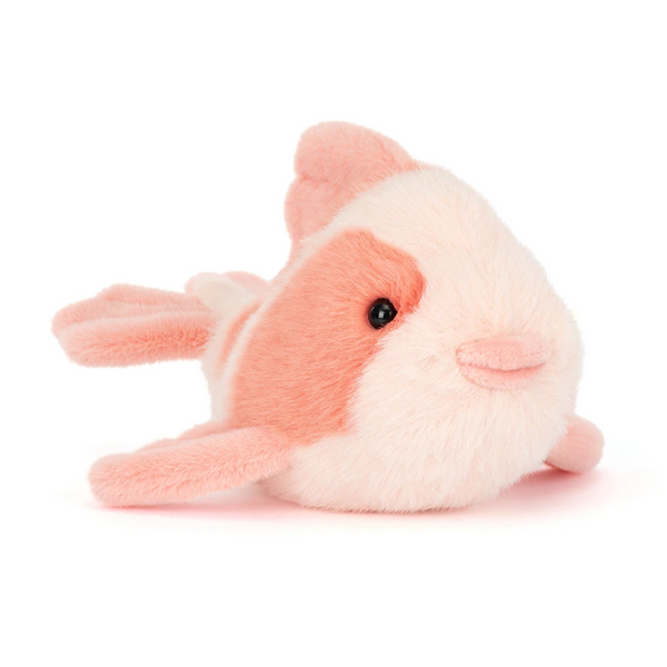 Plush toy fish with pink and white colors on a white background