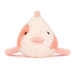 Plush toy resembling a pink and white fish on a white background
