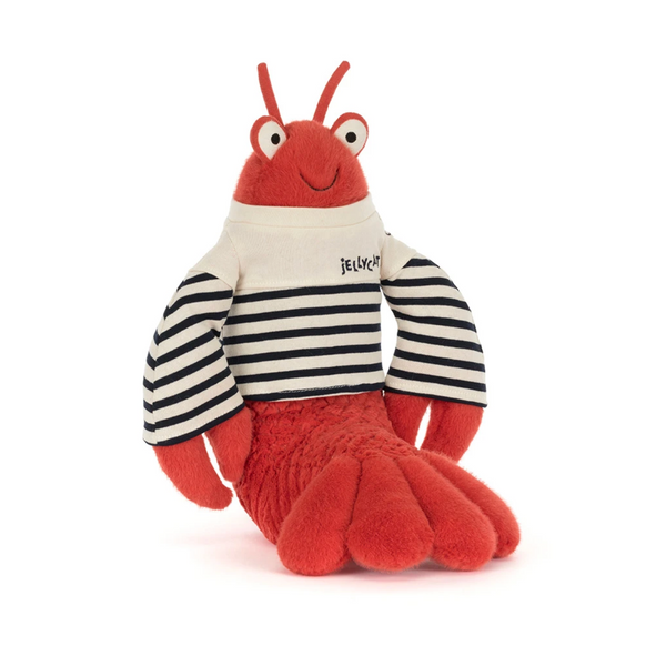 Plush toy lobster with striped shirt on a white background