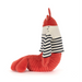 Plush toy lobster wearing a striped shirt on a white background