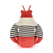 Toy lobster with red body, white stripe, and black stripes on a white background