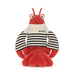 Plush toy lobster wearing a striped shirt on a white background, branded with Jellycat.
