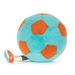 Plush toy resembling a soccer ball with feet on a white background