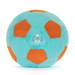 Plush toy resembling a soccer ball with blue and orange colors on a white background