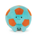 Plush toy resembling a soccer ball with a smiling face on a white background