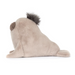 Plush toy resembling a sloth with a gray body and brown feet on a white background