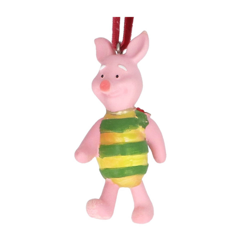 A small Piglet Christmas ornament featuring a pink Piglet figure wearing a green and yellow striped shirt, with a red hanging ribbon at the top, shown against a plain white background.