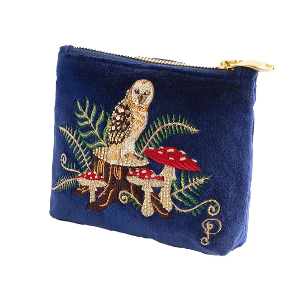 Powder Embroidered Velvet Mini Pouch - Woodland Owl