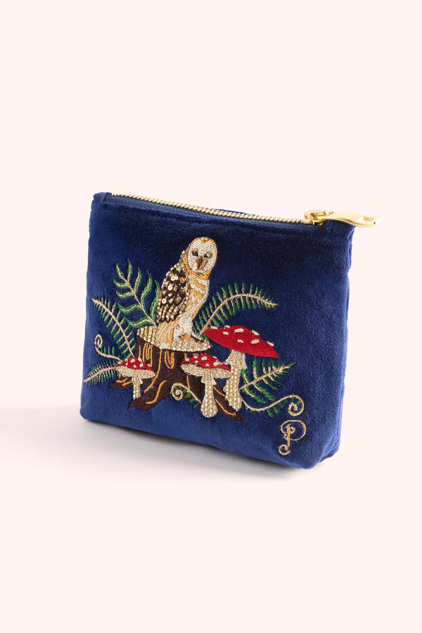 Powder Embroidered Velvet Mini Pouch - Woodland Owl
