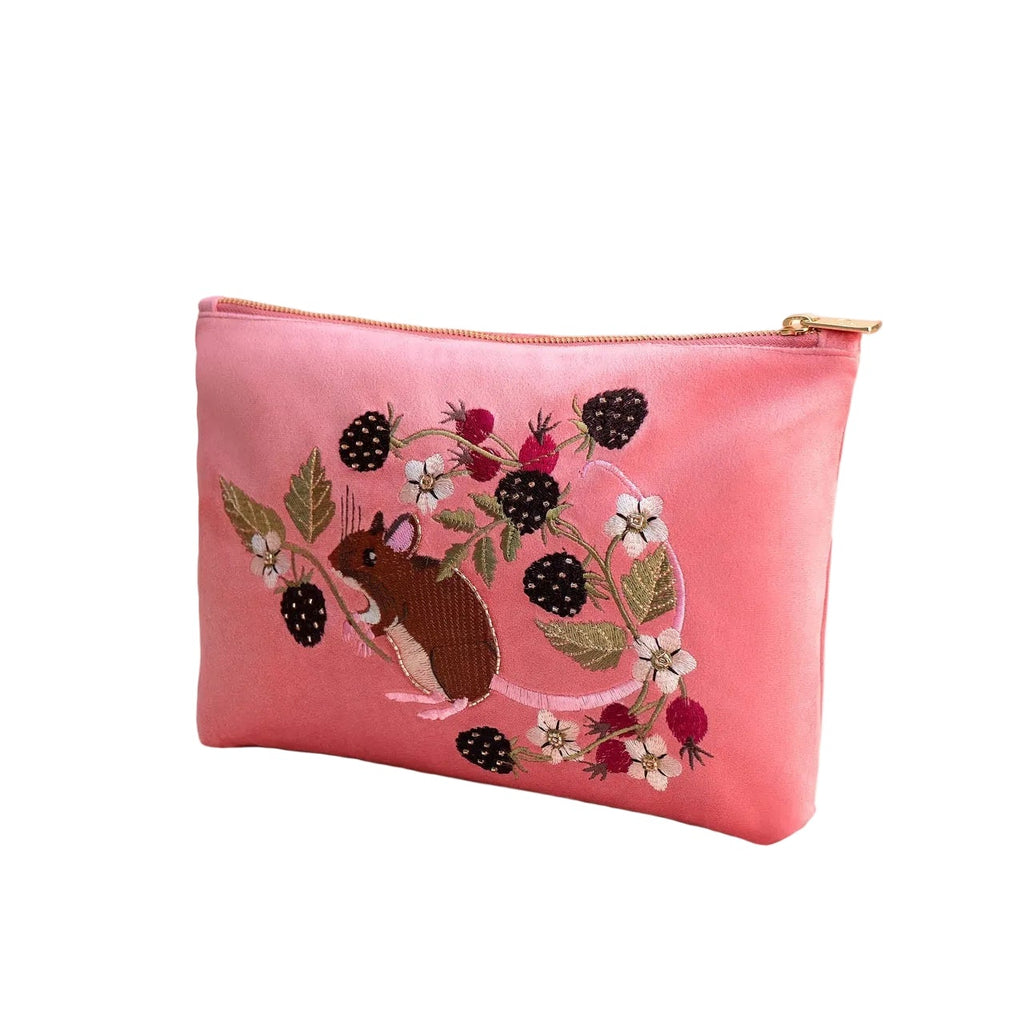 Pink pouch with a design of a mouse and blackberries on a white background