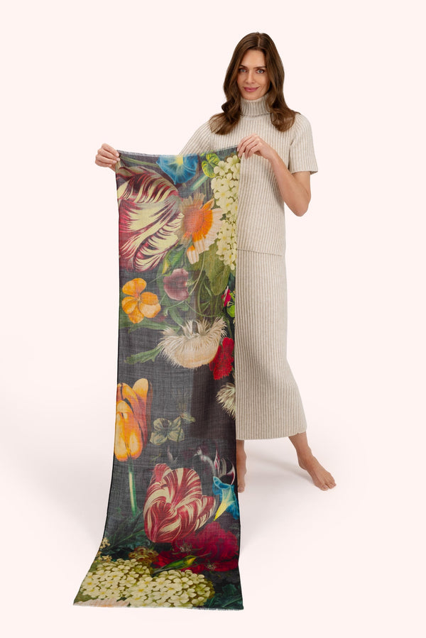 Powder Wool Wrap Scarf - Opulant florals, Chocolate