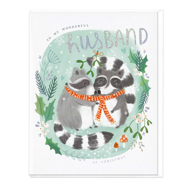 Whistlefish Oval Raccoon Husband Christmas Card