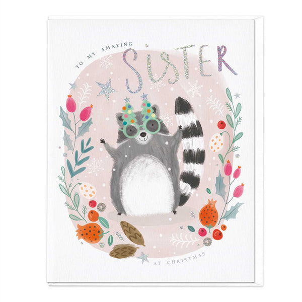 Whistlefish Oval Raccoon Sister Christmas Card