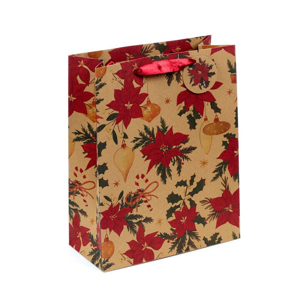 Christmas-themed gift bag with red poinsettias and gold ornaments on a white background