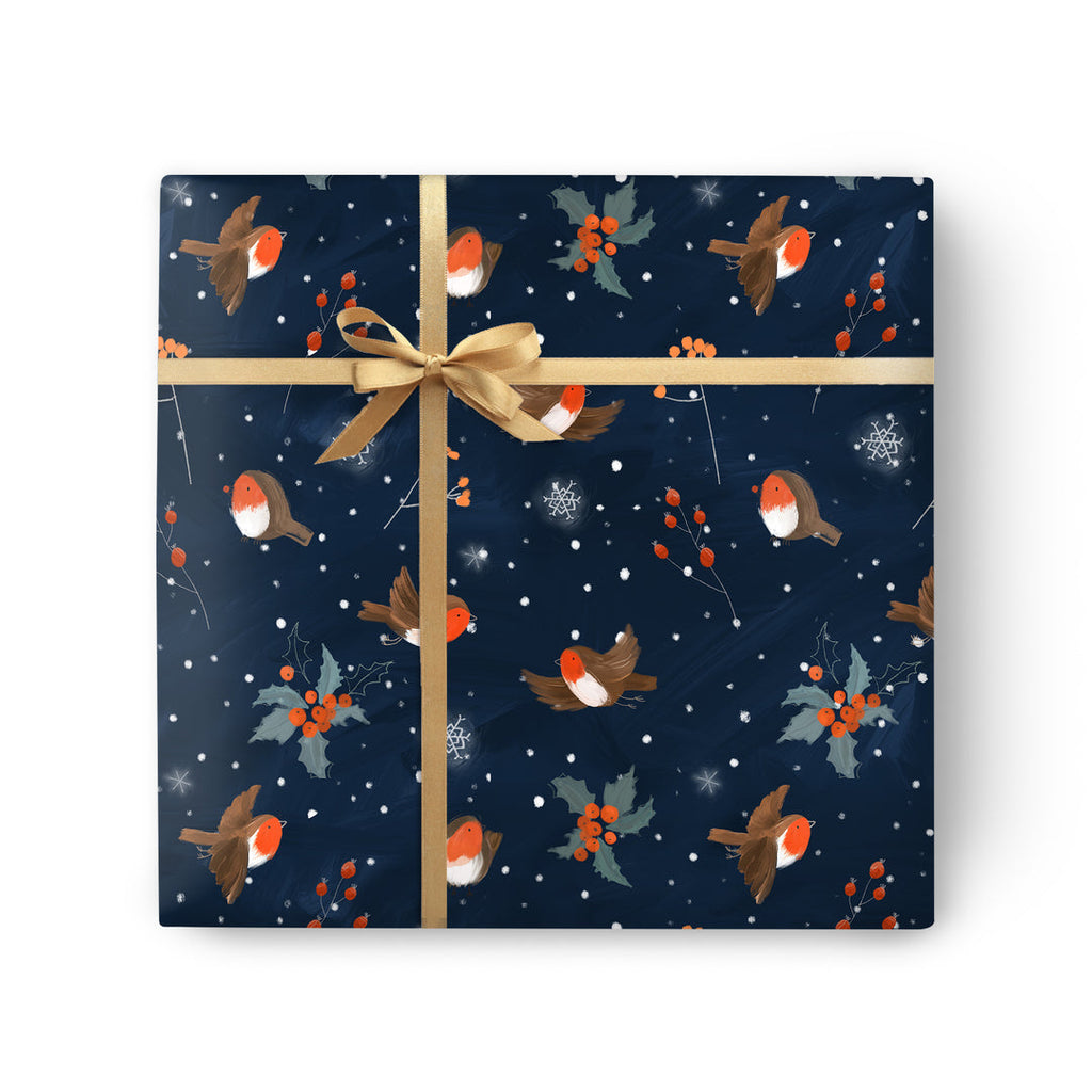 Whistlefish Jolly Robins Dark Wrapping Paper