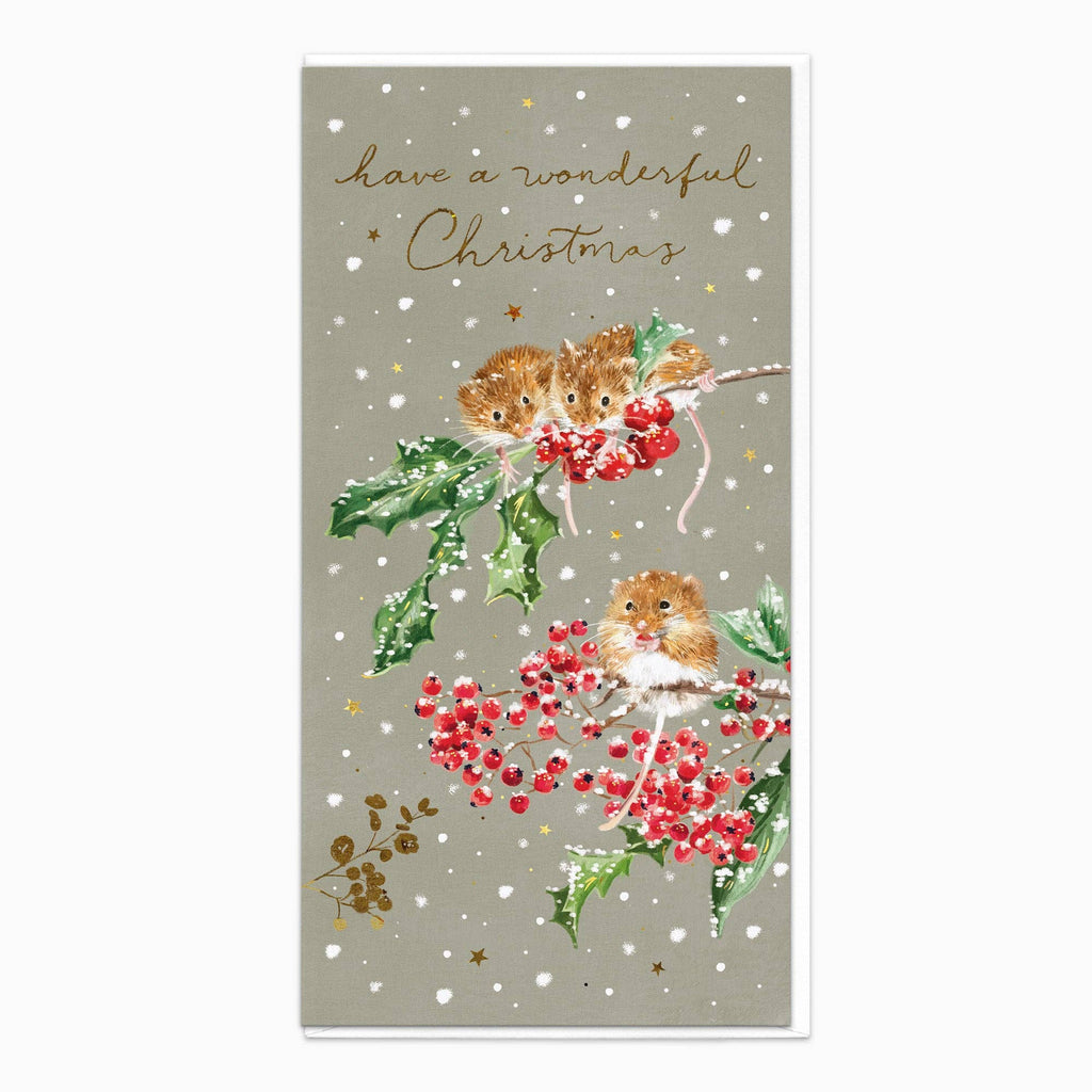 Christmas card with hedgehogs and holly berries on a gray background