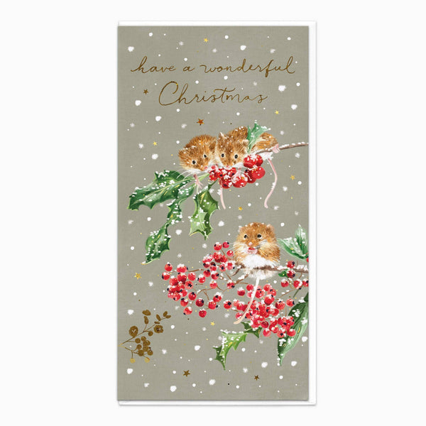 Christmas card with hedgehogs and holly berries on a gray background