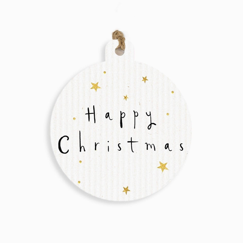 Round white sign with 'Happy Christmas' text and gold stars on a white background