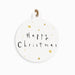Round white sign with 'Happy Christmas' text and gold stars on a white background