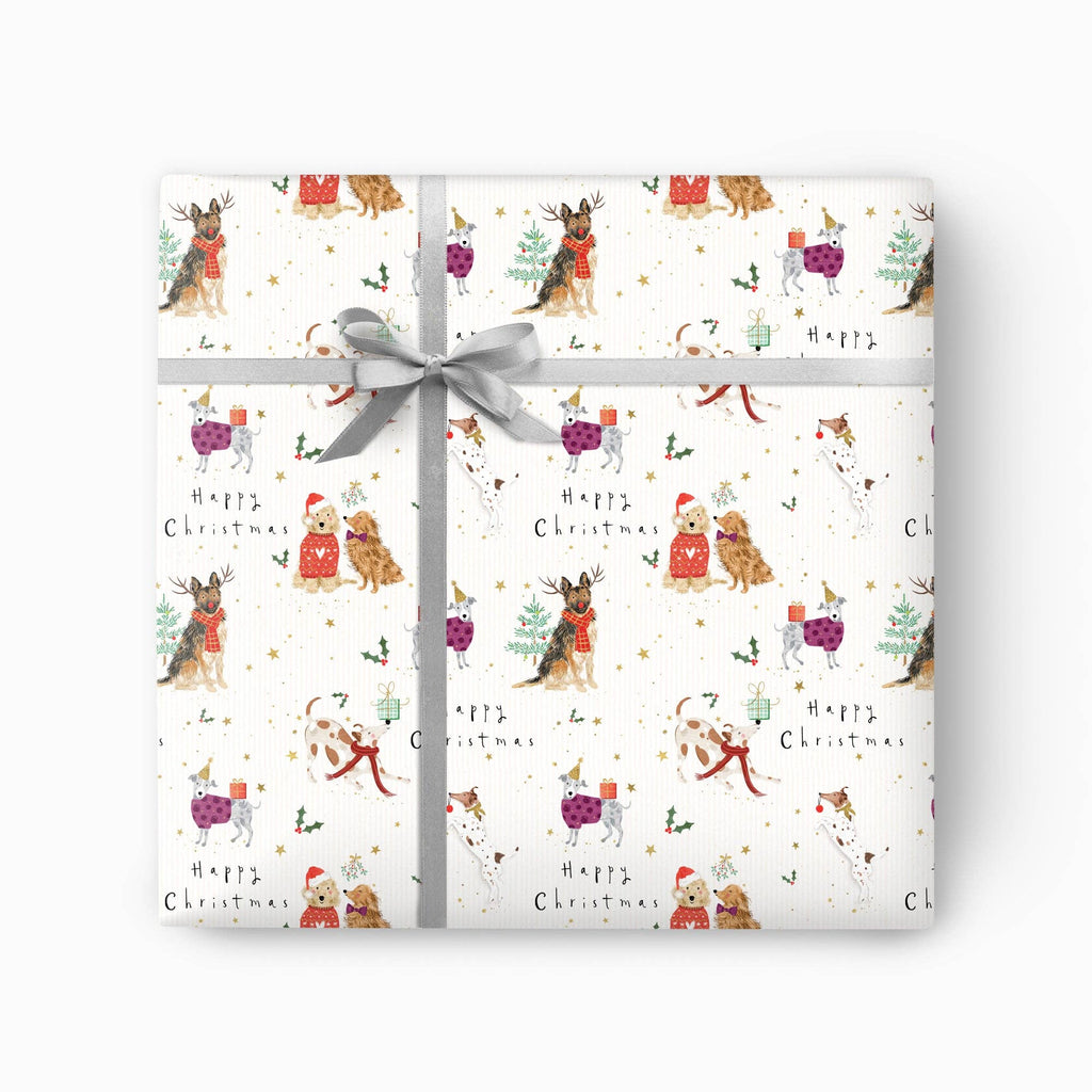 Gift wrapped in Christmas-themed paper with a gray ribbon on a white background