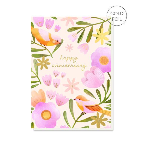Stormy Knight Pink Love Birds, Bird and Floral Anniversary Card