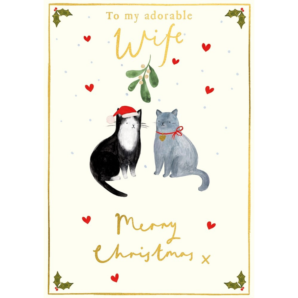 Mrs Best Paper Co. Christmas card for an adorable wife featuring two illustrated cats with gold foil and embossing.