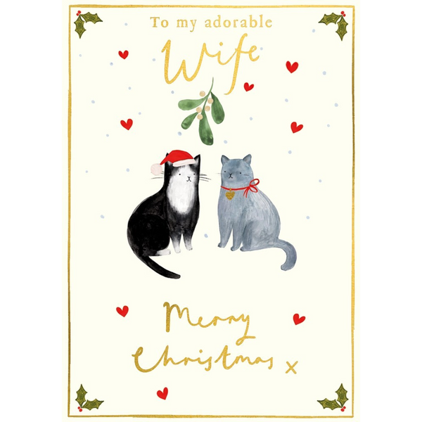 Mrs Best Paper Co. Christmas card for an adorable wife featuring two illustrated cats with gold foil and embossing.
