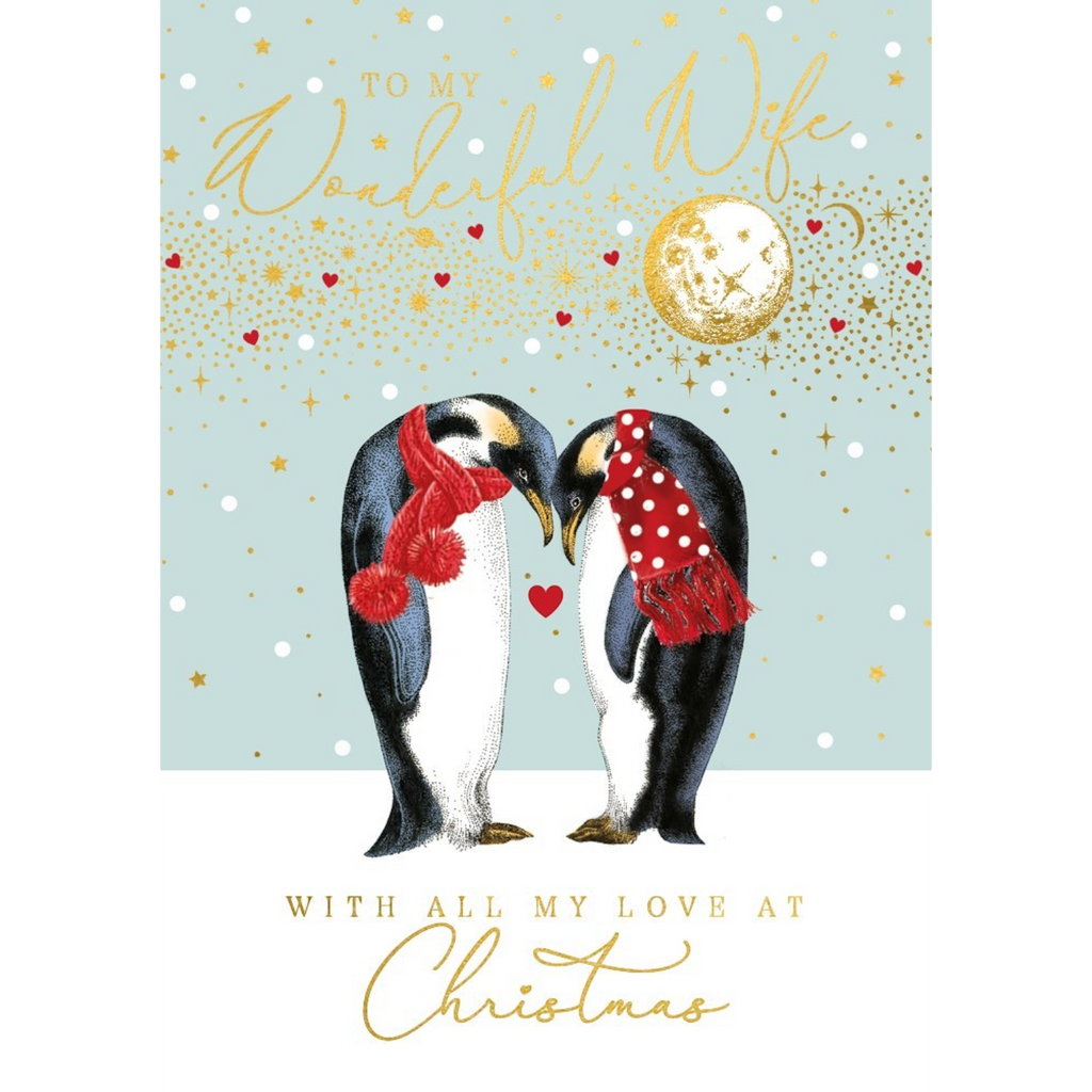 Mrs Best Paper Co. Christmas card featuring two penguins in red scarves with gold foil stars and moon on blue background