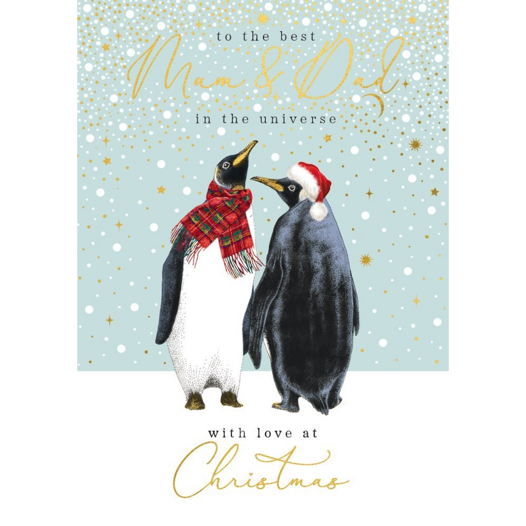 Mrs Best Paper Co. Christmas card featuring two penguins with gold foil stars and text on a light blue background.
