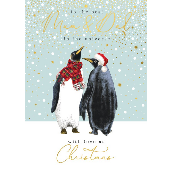Mrs Best Paper Co. Christmas card featuring two penguins with gold foil stars and text on a light blue background.
