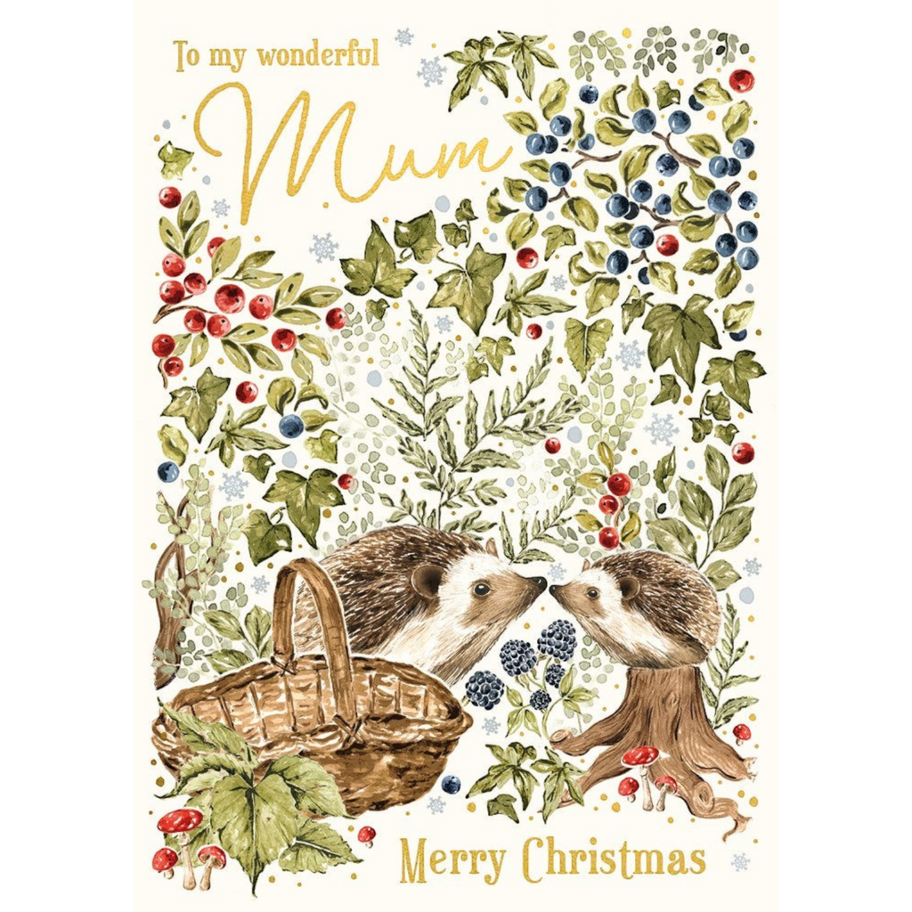 Mrs Best Paper Co. Christmas card for Mum featuring watercolor hedgehogs, berries, and gold foil text details.