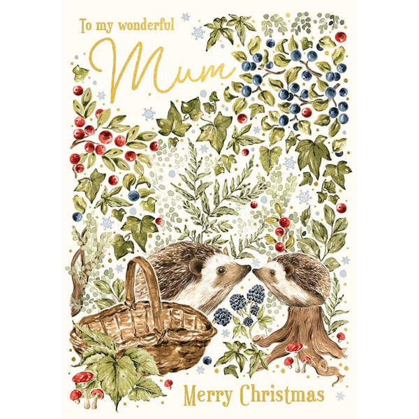 Mrs Best Paper Co. Christmas card for Mum featuring watercolor hedgehogs, berries, and gold foil text details.