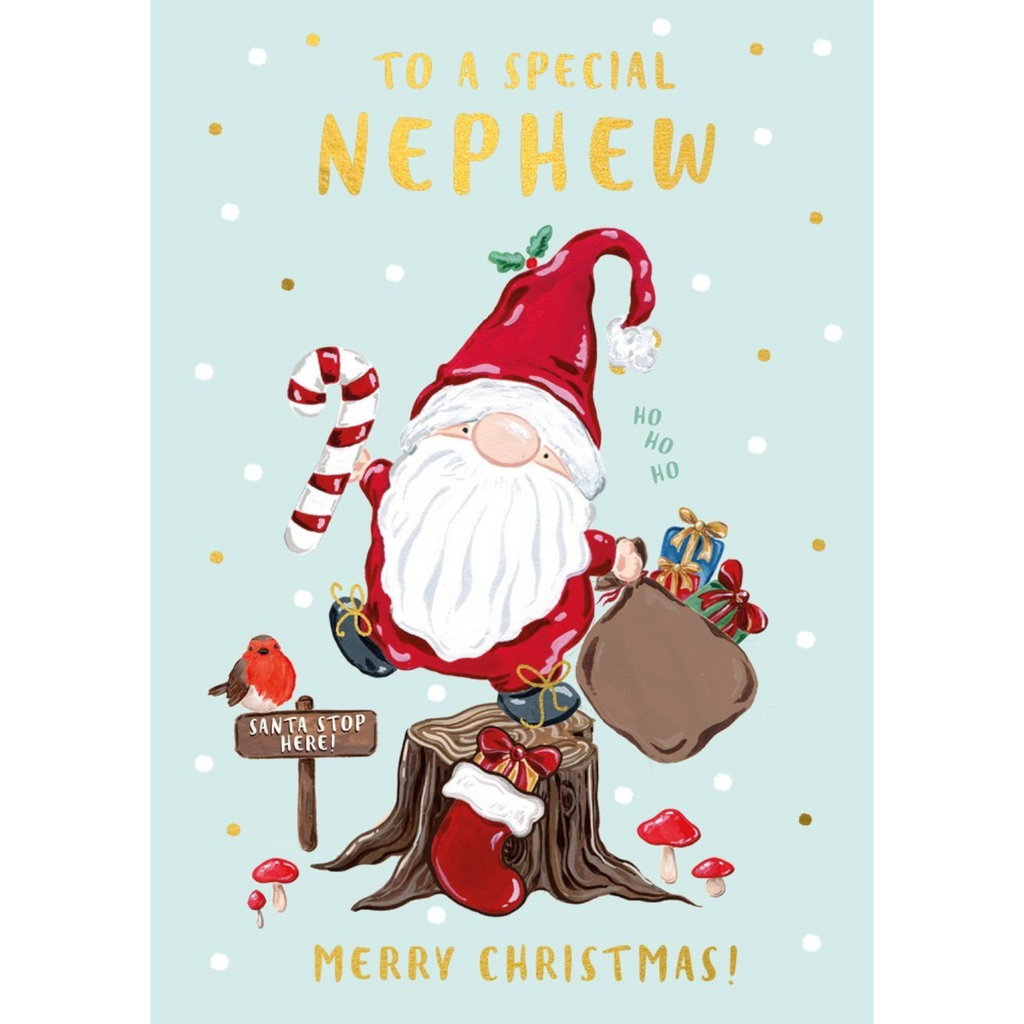 Mrs Best Paper Co. Christmas card for a special nephew featuring a gnome with a candy cane and gold foil accents