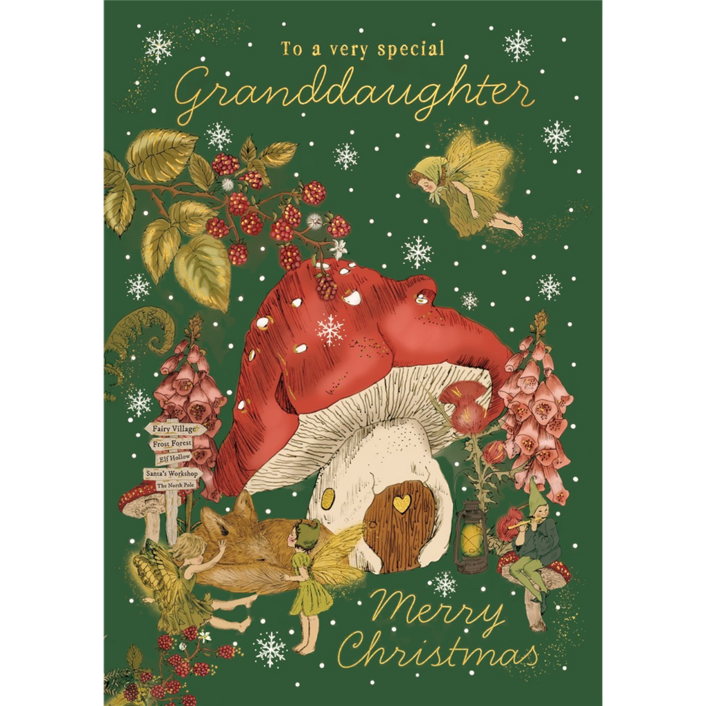 Mrs Best Paper Co. Christmas card for a special granddaughter featuring a whimsical fairy mushroom house illustration.